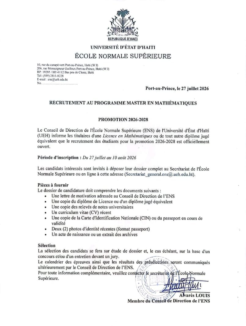 Avis de recrutement au programme de master en mathématiques à l'Ecole Normale Supérieure (ENS)